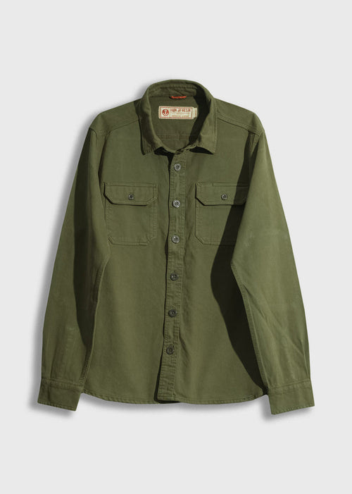 Olive green button-up shirt with two chest pockets and a collar, displayed against a plain background.