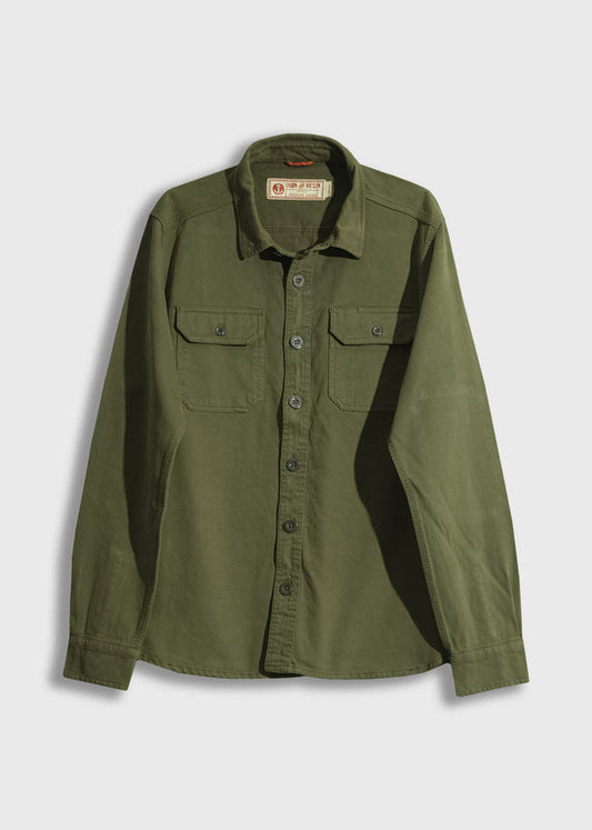 Olive green button-up shirt with two chest pockets and a collar, displayed against a plain background.