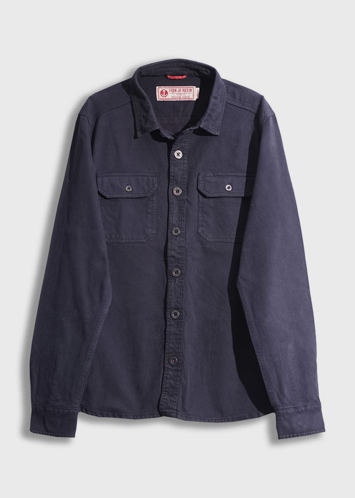 Navy blue button-up shirt with two chest pockets, displayed against a white background. Iron & Resin label visible inside collar.