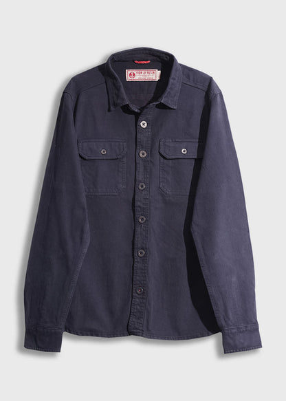 Navy blue button-up shirt with two chest pockets, displayed against a white background. Iron & Resin label visible inside collar.