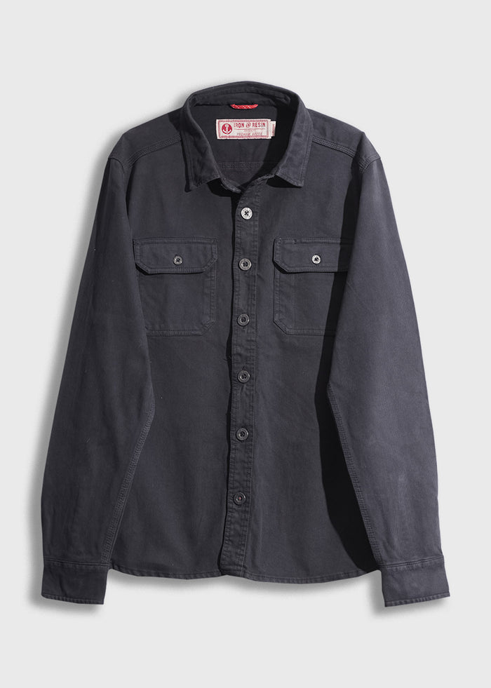 Dark gray button-up shirt with two chest pockets, long sleeves, and a collar, displayed against a light background.