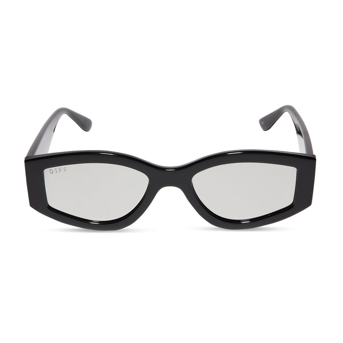 diff eyewear kai square sunglasses with a black frame and grey mirror lenses front view