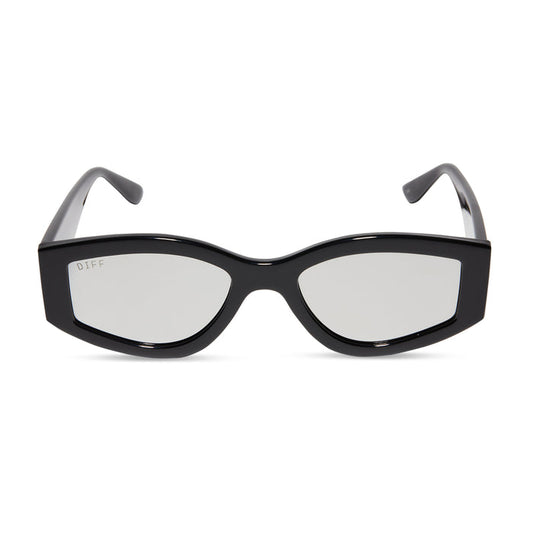 diff eyewear kai square sunglasses with a black frame and grey mirror lenses front view