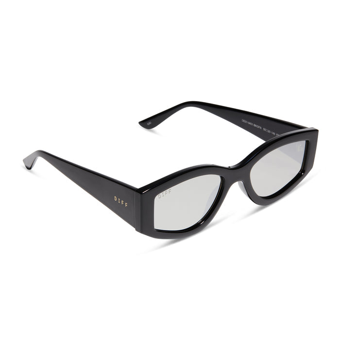 diff eyewear kai square sunglasses with a black frame and grey mirror lenses angled view