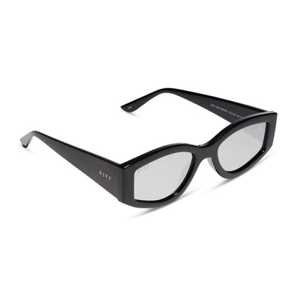 diff eyewear kai square sunglasses with a black frame and grey mirror lenses angled view