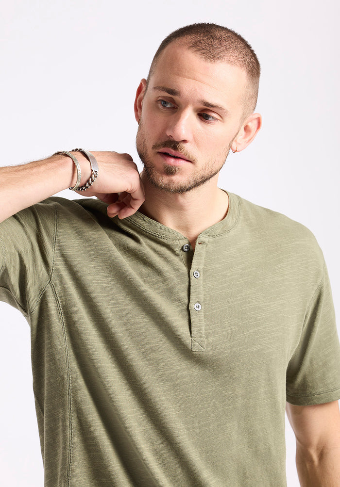 Buffalo Men Tops Green Knit Knit Short Sleeve Premium Slub Knit Relaxed Fit