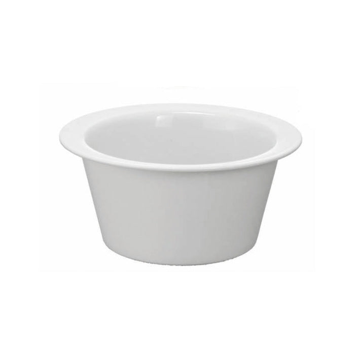 Der Unold Keramik-Topf für FONDUE Elégance 48645 ist ein schlichter weißer Keramik-Fonduetopf mit breitem Rand, der vor einem weißen Hintergrund präsentiert wird.
