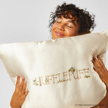 Model sleeping on Kitsch x Harry Potter Hufflepuff Standard Satin Pillowcase
