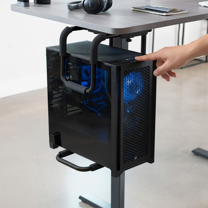 Large heavy-duty height adjustable and width adjustable under desk PC mount.