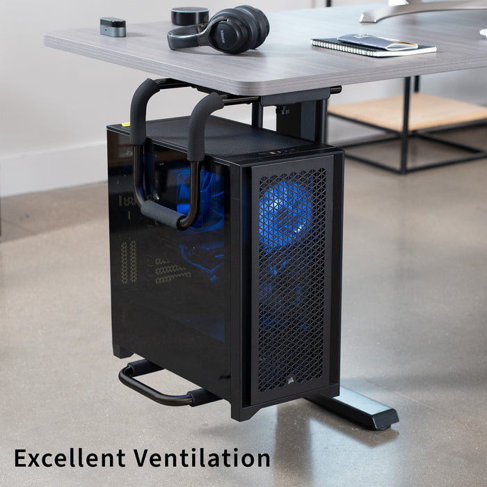 Large heavy-duty height adjustable and width adjustable under desk PC mount.