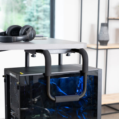 Large heavy-duty height adjustable and width adjustable under desk PC mount.