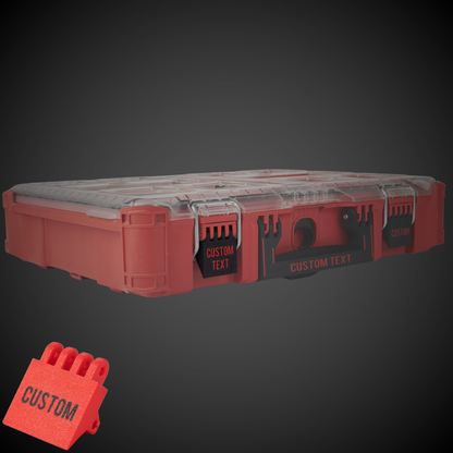 A red Milwaukee Packout tool storage box with a custom text latch - 4 prongs.