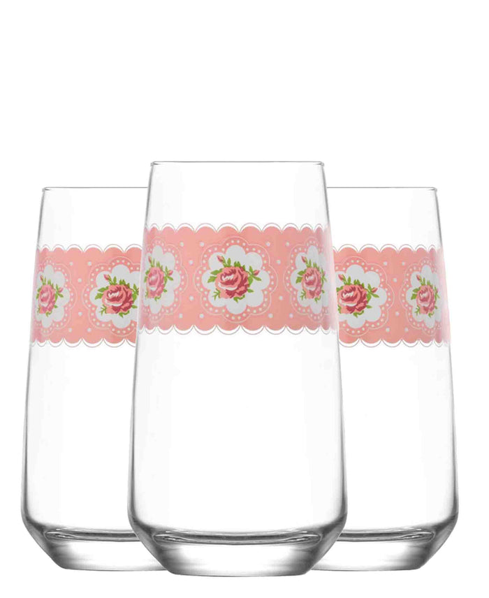 LAV 3 Piece Mona 480ml Soft Drink Glass Set - Clear With Pink Print