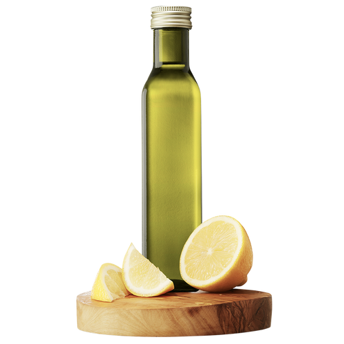 A bottle of Lemon Extra Virgin Olive Oil with a slice of lemon in front of it, placed on a wooden board.