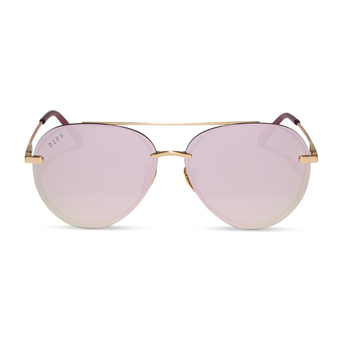 diff eyewear lenox aviator sunglasses with a brushed gold frame and cherry blossom mirror lenses front view