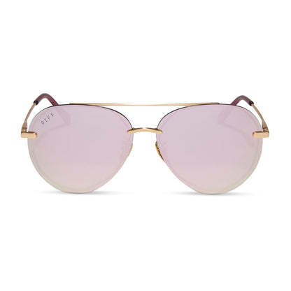 diff eyewear lenox aviator sunglasses with a brushed gold frame and cherry blossom mirror lenses front view