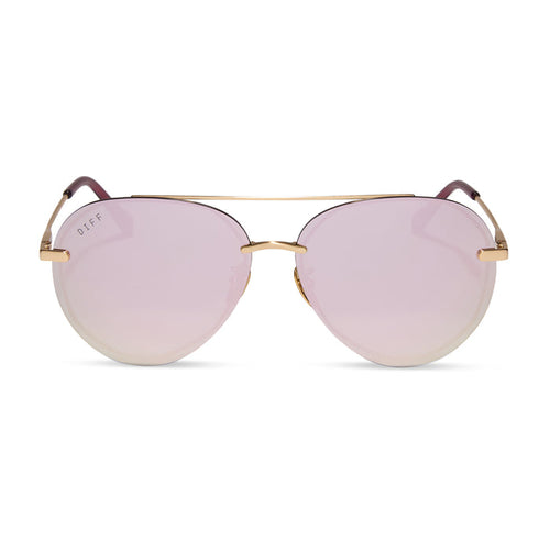 diff eyewear lenox aviator sunglasses with a brushed gold frame and cherry blossom mirror lenses front view