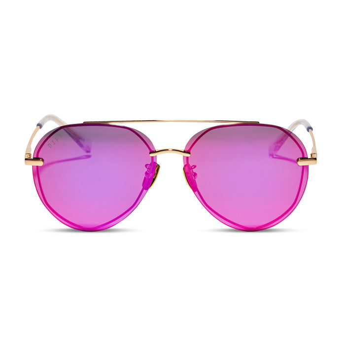 diff eyewear lenox aviator sunglasses with a gold metal frame and sunset mirror polarized lenses front view