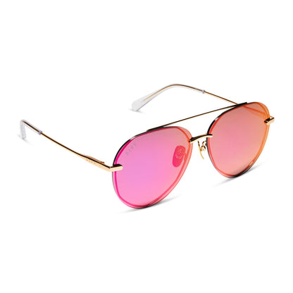 diff eyewear lenox aviator sunglasses with a gold metal frame and sunset mirror polarized lenses angled view