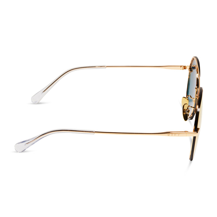 diff eyewear lenox aviator sunglasses with a gold metal frame and sunset mirror polarized lenses side view