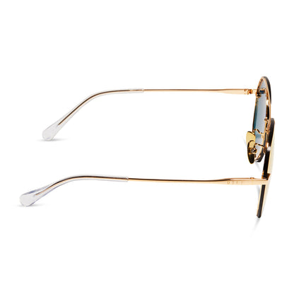 diff eyewear lenox aviator sunglasses with a gold metal frame and sunset mirror polarized lenses side view