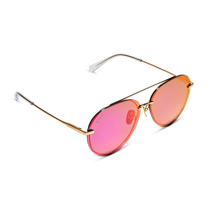diff eyewear lenox aviator sunglasses with a gold metal frame and sunset mirror polarized lenses detailed view