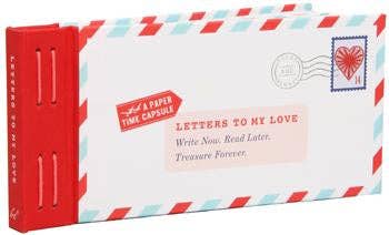Red and white striped envelope-shaped book titled 'Letters to My Love' with a heart stamp on a white background.