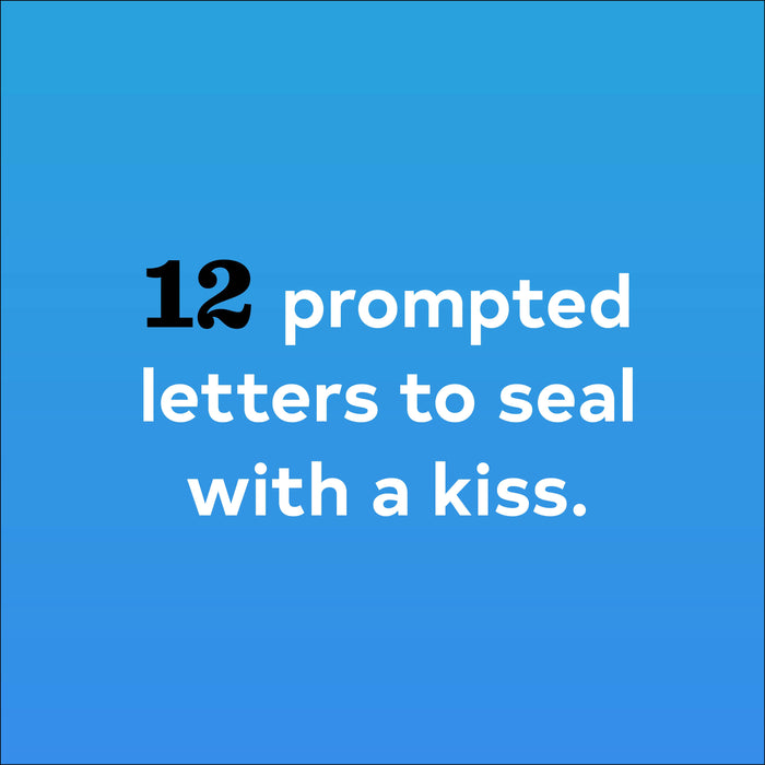 Text '12 prompted letters to seal with a kiss.' on a blue background
