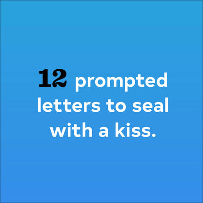 Text '12 prompted letters to seal with a kiss.' on a blue background