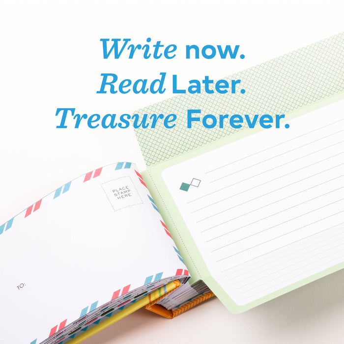 Notebook with colorful pages and text 'Write now. Read Later. Treasure Forever.'