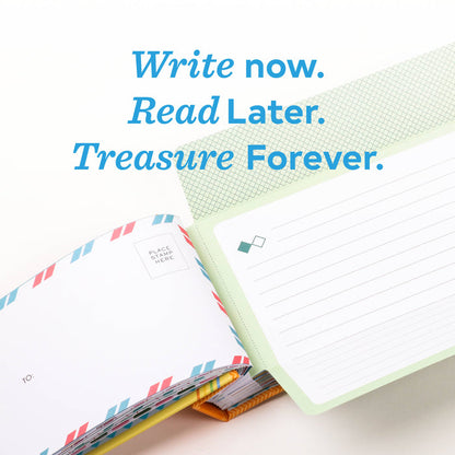 Notebook with colorful pages and text 'Write now. Read Later. Treasure Forever.'