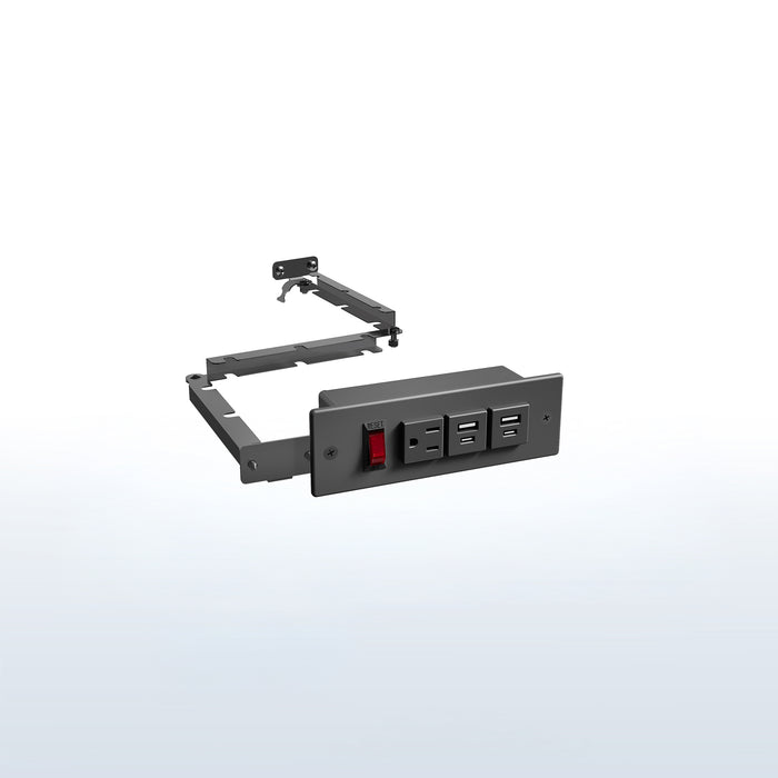 In-drawer charging station with AC outlet and USB ports.