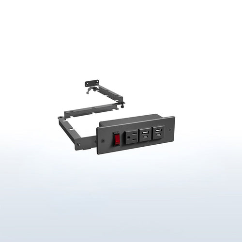 In-drawer charging station with AC outlet and USB ports.