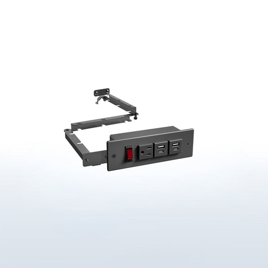 In-drawer charging station with AC outlet and USB ports.