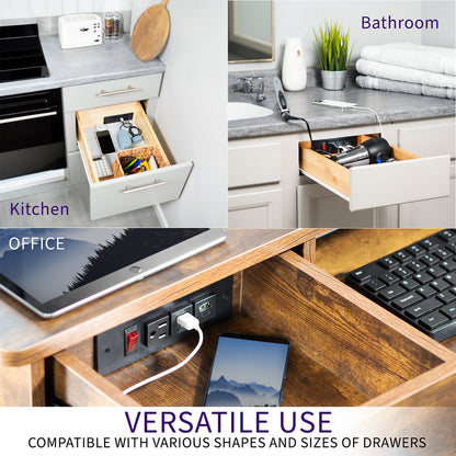 In-drawer charging station with AC outlet and USB ports.