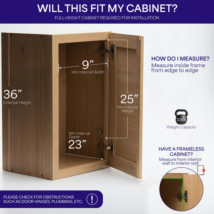Wooden cabinet with measurements and installation instructions on a white background