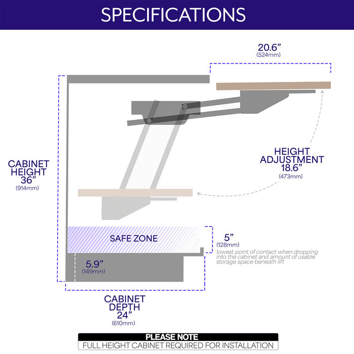Kitchen Appliance Lifting Brackets measurements and specifications on a white background.
