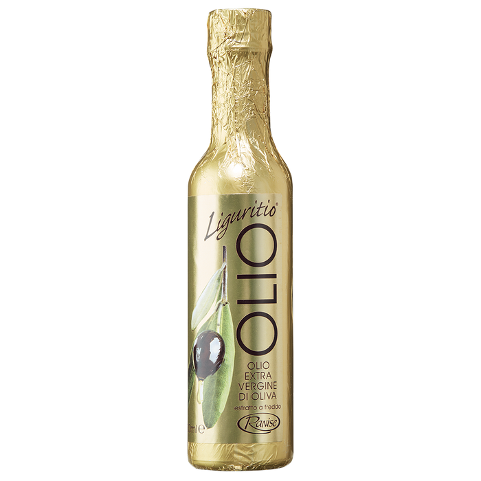 A bottle of Liguritio Extra Virgin Olive Oil with elegant golden packaging.