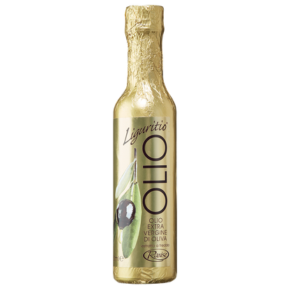 A bottle of Liguritio Extra Virgin Olive Oil with elegant golden packaging.