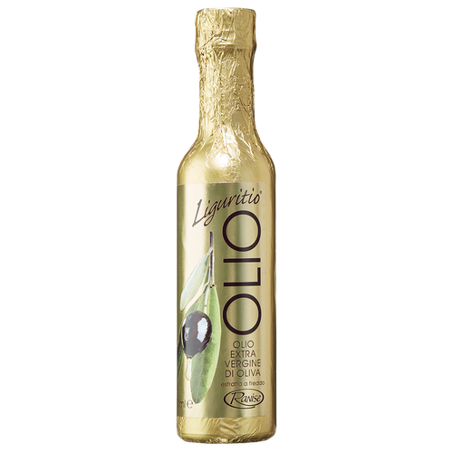 A bottle of Liguritio Extra Virgin Olive Oil with elegant golden packaging.
