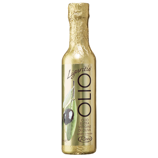 A bottle of Liguritio Extra Virgin Olive Oil with elegant golden packaging.