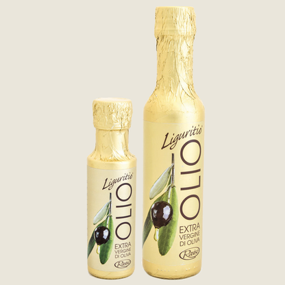 two different size bottles of Liguritio Extra Virgin Olive Oil with elegant golden packaging.