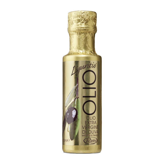 A bottle of Liguritio Extra Virgin Olive Oil with elegant golden packaging.