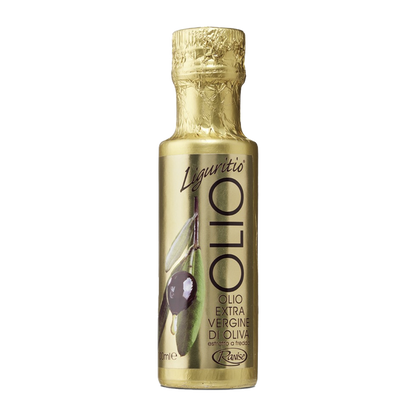 A bottle of Liguritio Extra Virgin Olive Oil with elegant golden packaging.