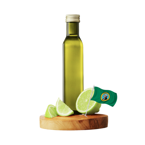 A tall olive-green glass bottle with a silver cap stands on a round wooden board with several green lime wedges and a small Washington flag.