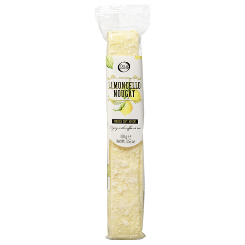 Packaged Limoncello Nougat bar with a label containing the brand name and lemons.