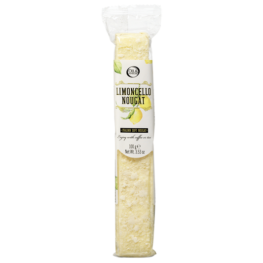 Packaged Limoncello Nougat bar with a label containing the brand name and lemons.