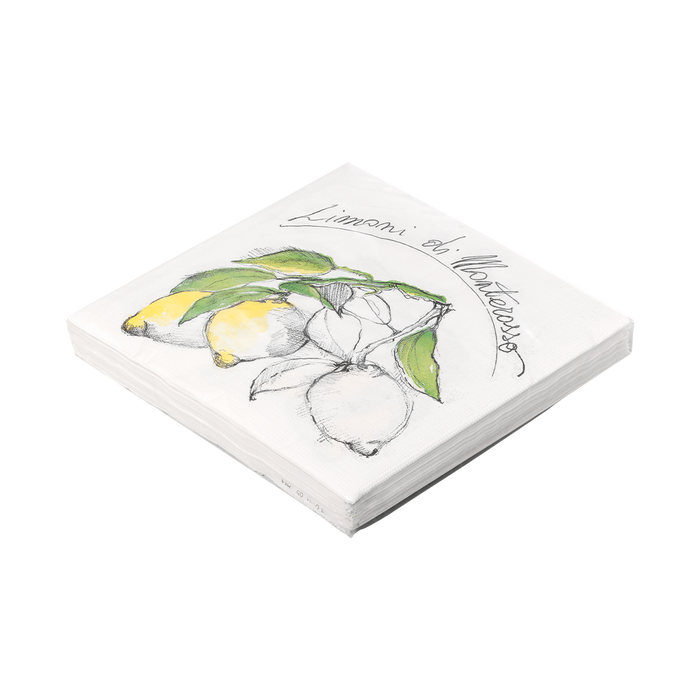 A white napkins with a lemon and green leaf pattern, part of the Limoni collection.