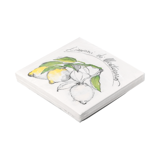 A white napkins with a lemon and green leaf pattern, part of the Limoni collection.