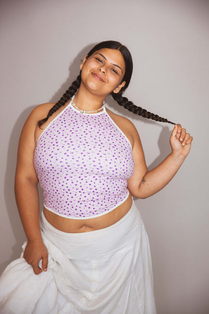 LINED CONTRAST HALTER TOP IN IRIS